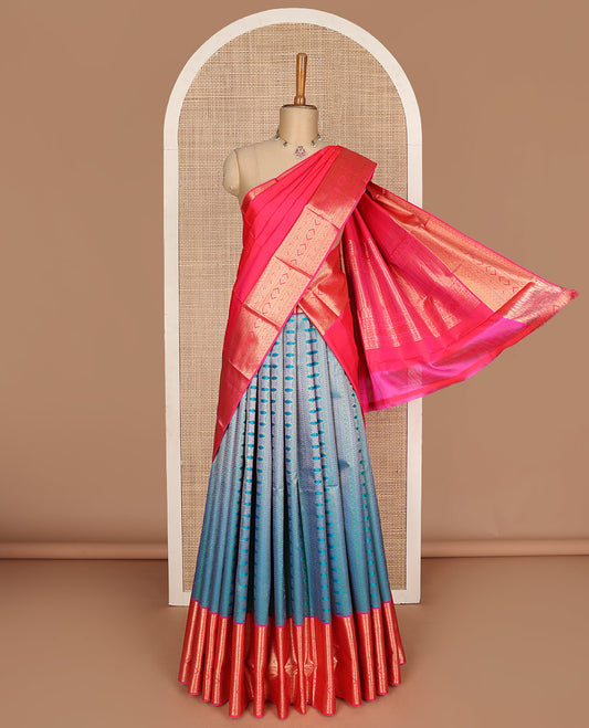 Peacock blue pure silk half-saree, jacquard with contrast traditional zari bordered skirt, contrast zari design blouse, and zari design dhavani