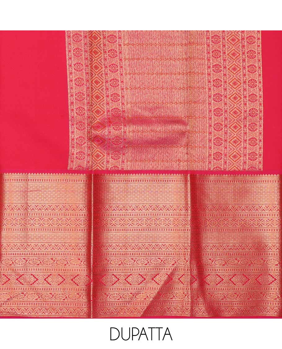 Peacock blue pure silk half-saree, jacquard with contrast traditional zari bordered skirt, contrast zari design blouse, and zari design dhavani