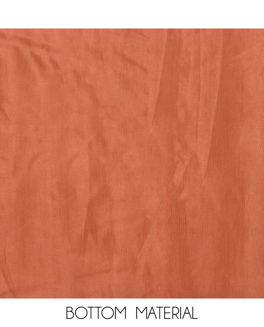 Orange material chudidar set, patch embroidered top, plain bottom, and contrast floral printed dupatta