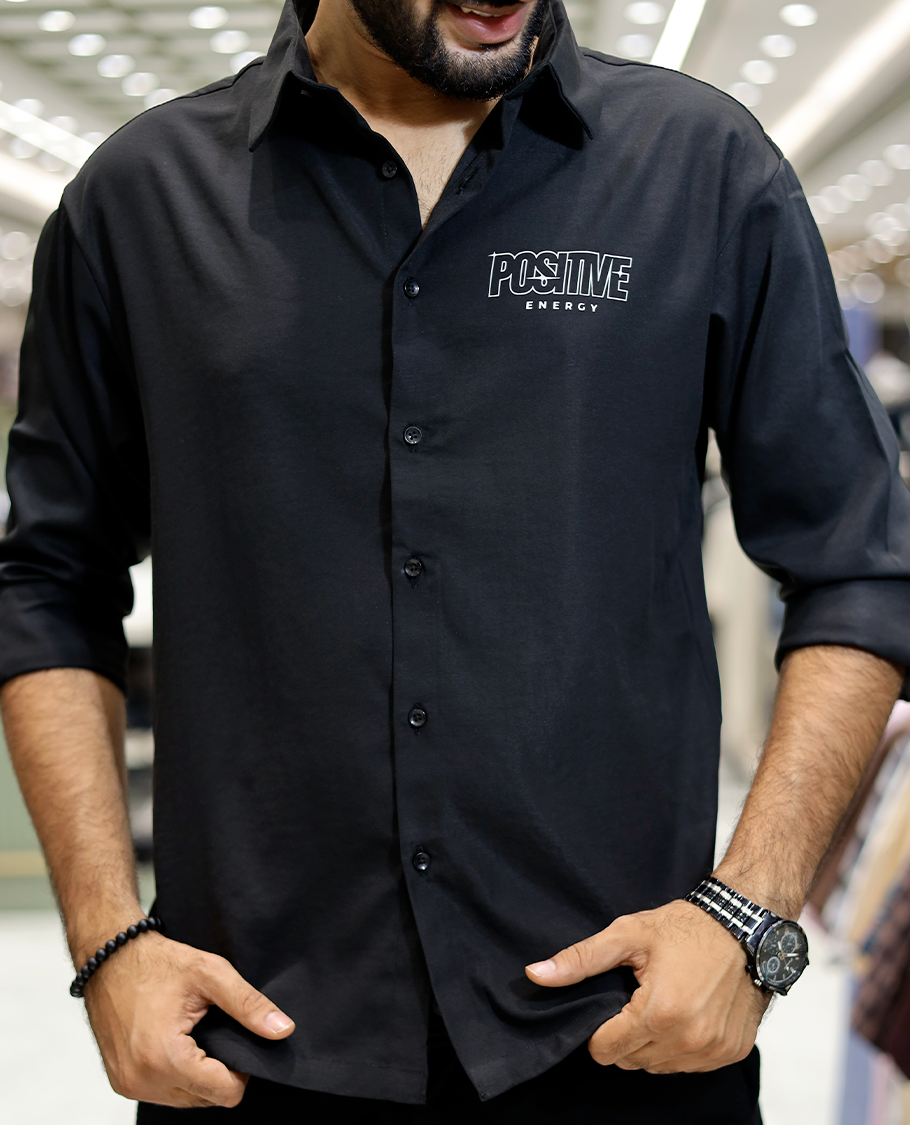 Black Poly-Blended Back Flap Casual Shirt