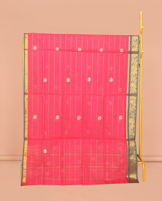 Pink Venkatagiri Cotton Saree, Embellished with Peacock Buttas and Stripes, a Contrast Floral Creeper  Zari Border, Pallu of Buttas and Stripes, and No Blouse