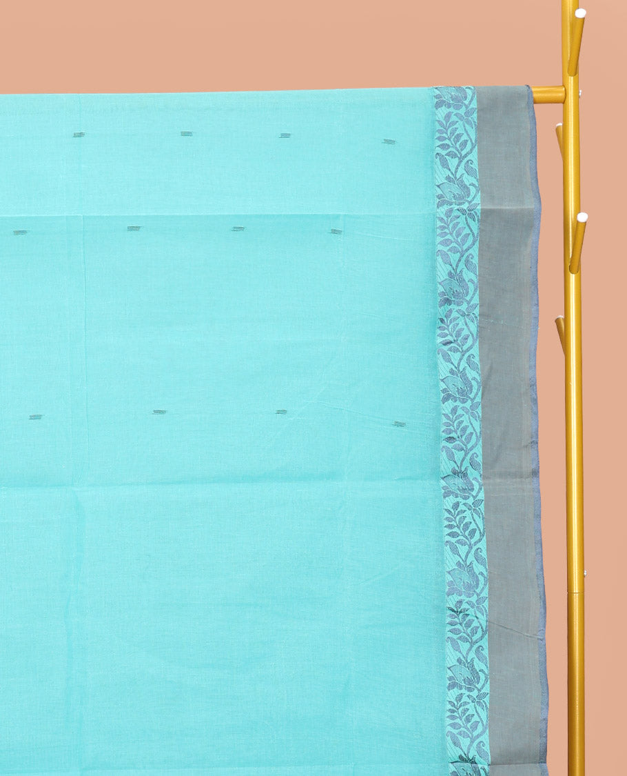 Turquoise Bengal Cotton Saree, Steeped with Buttas, a Contrast Floral Border, Pallu of Stripes and Buttas, and a Matching Blouse