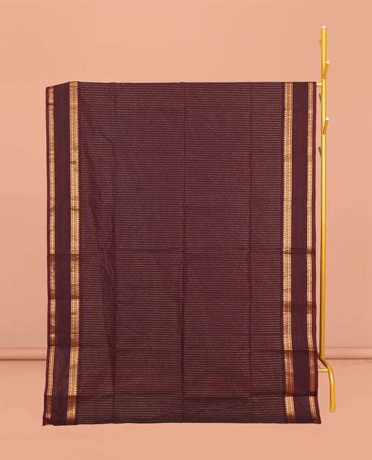 Brown Chettinad Cotton Saree, Beautified with Stripes, Highlighted by Rettai Pettu Traditional Border, Zari Striped Pallu, and a Matching Blouse