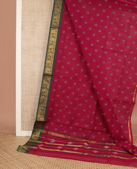 Red floral motifs Venkatagiri cotton saree, contrast floral creeper zari border & pallu of zari stripes & diamond patterns
