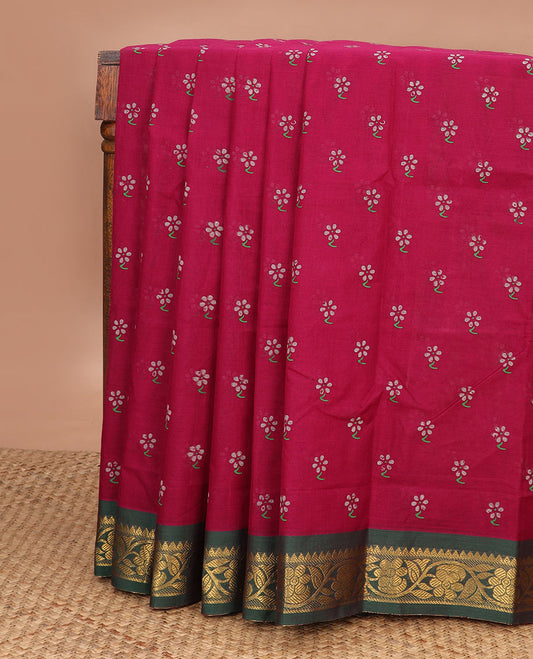 Red floral motifs Venkatagiri cotton saree, contrast floral creeper zari border & pallu of zari stripes & diamond patterns