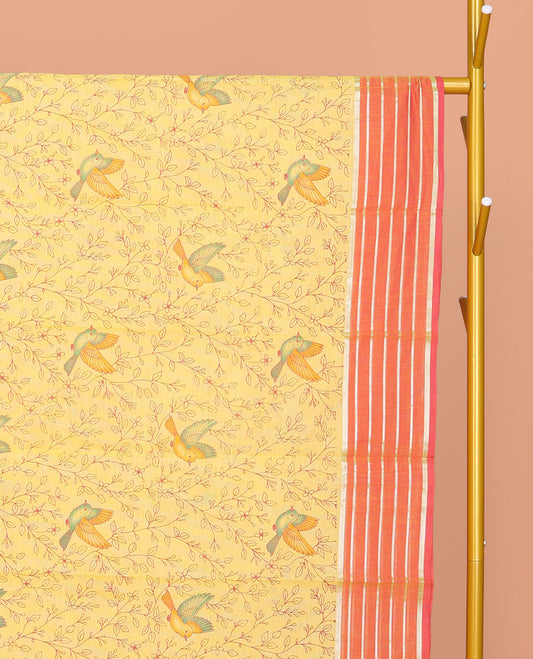 Yellow Chirala Cotton Saree, Accentuated with Floral-Bird Print, a Contrast Border, Printed Pallu, and a Matching Blouse