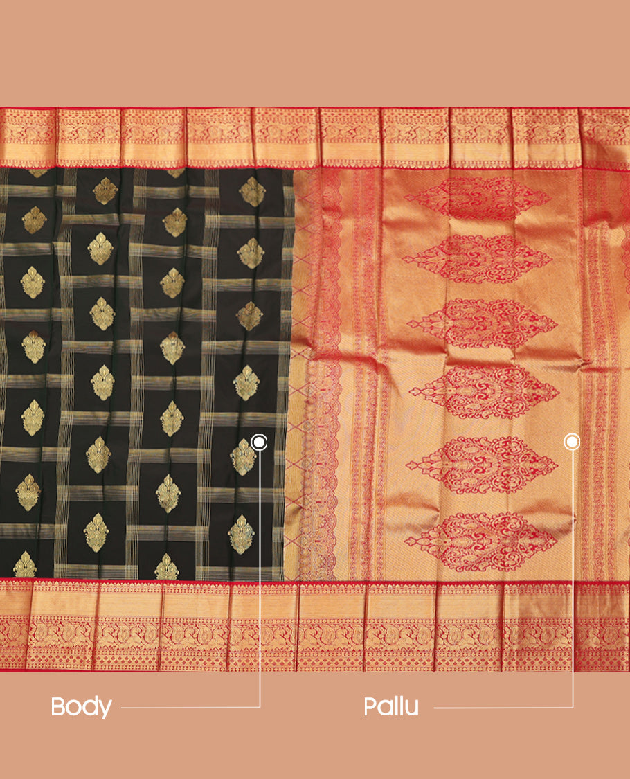 Black Budget Silk Saree, Gleamed Up with Zari Butta Enclosed Checks, Contrast Traditional Zari Border, Grand Pallu, and a Contrast Blouse
