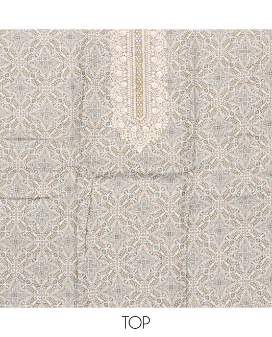 Off-White-Sandal Material Chudidar Set, Adorned with Intricate Motifs Print, and Embroidery on Its Jute Cotton Top, a Plain Cotton Bottom, and Paired with Contrast Sequins Striped Chanderi Cotton Dupatta