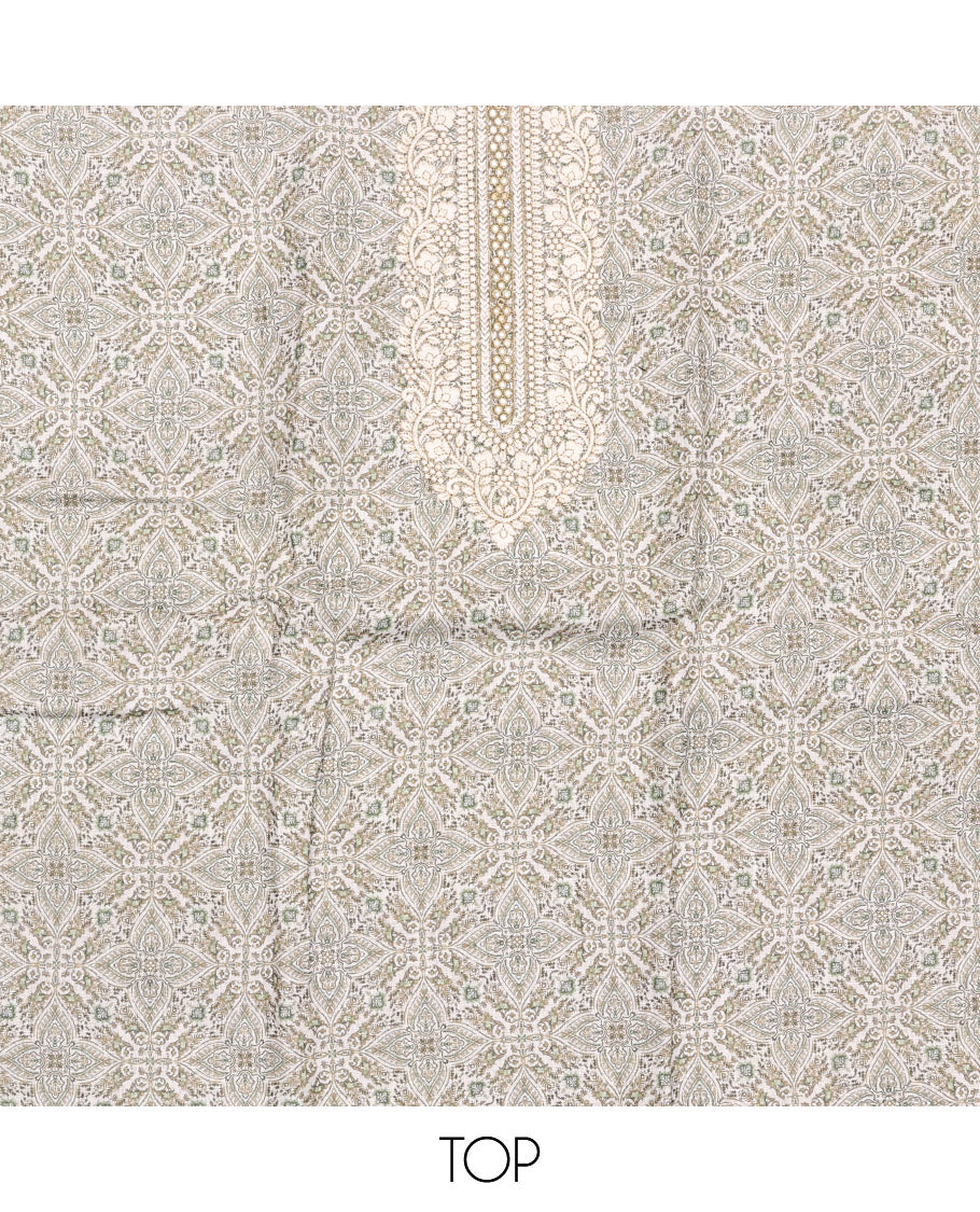Off-White-Sandal Material Chudidar Set, Adorned with Intricate Motifs Print, and Embroidery on Its Jute Cotton Top, a Plain Cotton Bottom, and Paired with Contrast Sequins Striped Chanderi Cotton Dupatta