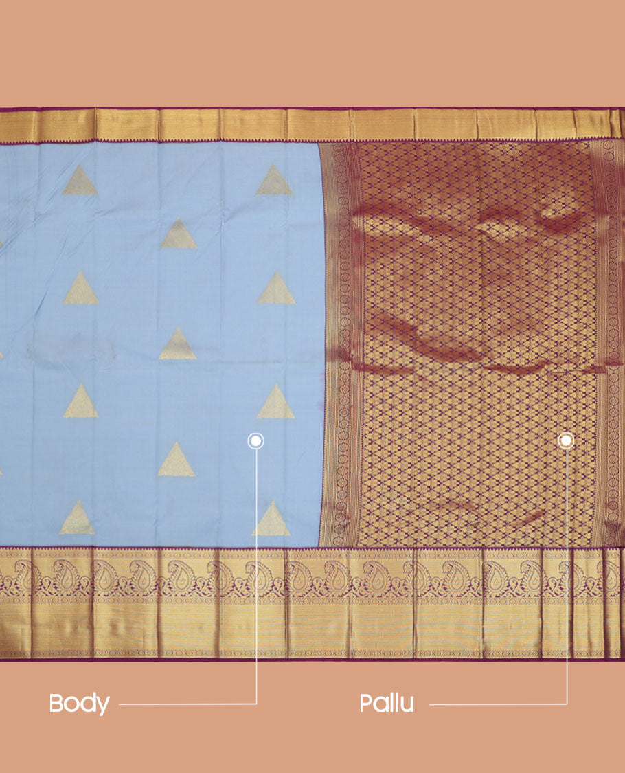 Grey Budget Silk Saree, Detailed with Triangle Zari Buttas All Over Its Body, Complemented by a Contrast Traditional Zari Design Border, Grand Jaal Pallu, and Paired with a Contrast Blouse