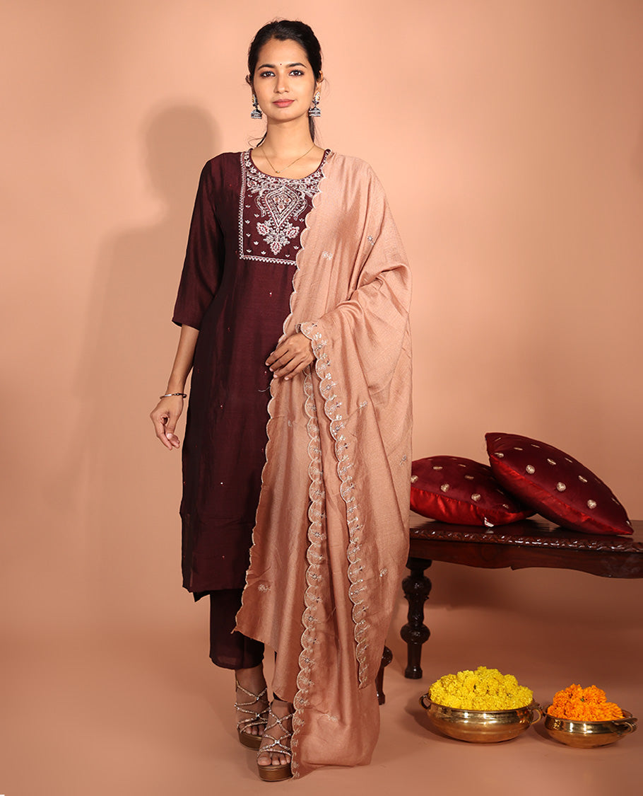 Maroon Vichitra Silk Readymade Suit