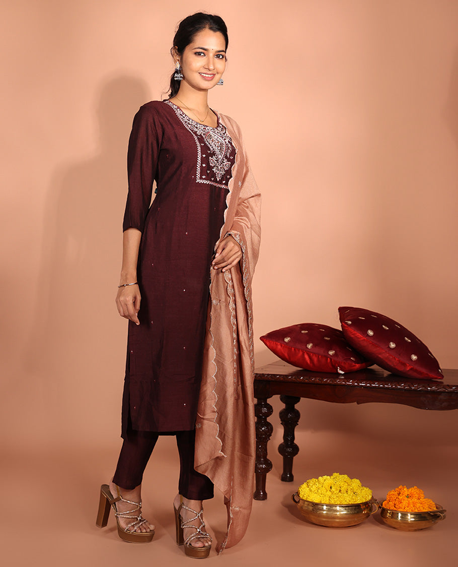 Maroon Vichitra Silk Readymade Suit