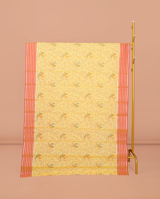 Yellow Chirala Cotton Saree, Accentuated with Floral-Bird Print, a Contrast Border, Printed Pallu, and a Matching Blouse
