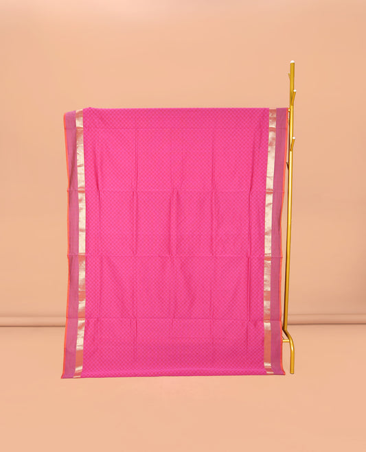 Pink Checked Poly Cotton Saree, Complemented by Contrast Traditional Zari Design Border, Pallu of Stripes, and Paired with a Contrast Blouse