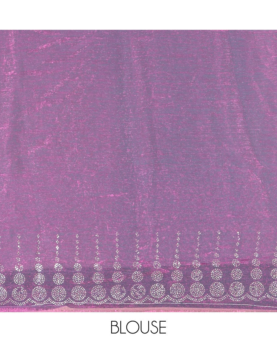 Violet Fendi Chiffon Saree Gleamed up With Glittering Swarovski Stones Struck All Over Its Body, Complemented With Scallop Swarovski Stone Work Border, Swarovski Stone Work Pallu, And A Matching Swarovski Stone Work Blouse