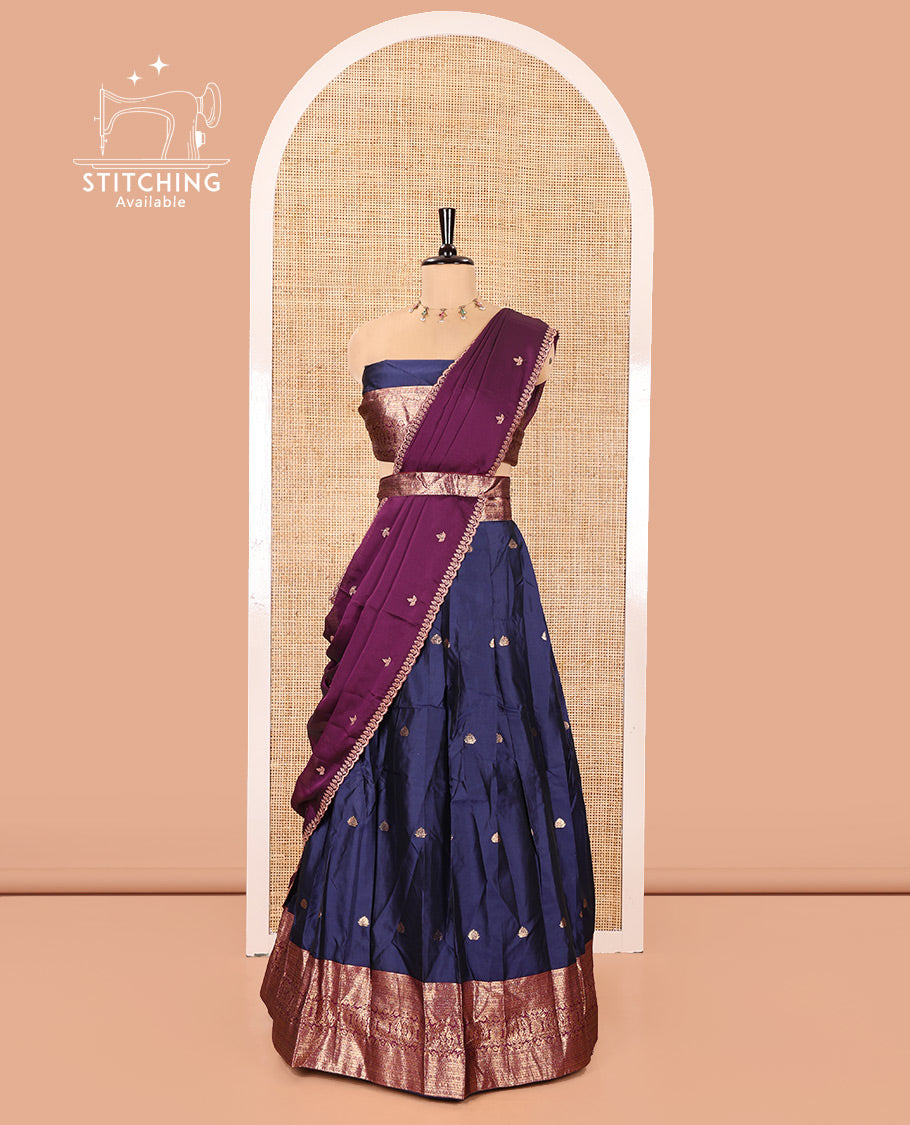 Dark Blue and Purple Semi-Banarasi Half-Saree, Prettified with Zari Buttas on Its Skirt, Complemented by a Contrast Traditional Zari Design Woven Border, Paired with a Matching Blouse, and a Contrast Satin Georgette Embroidered Scallop Dhavani