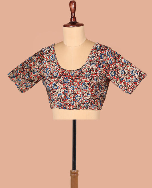 Multi-Color Readymade Blouse Subtly Printed with Floral Vine Design, Featuring Front Round Neck, Back Round Neck, and Elbow Sleeves