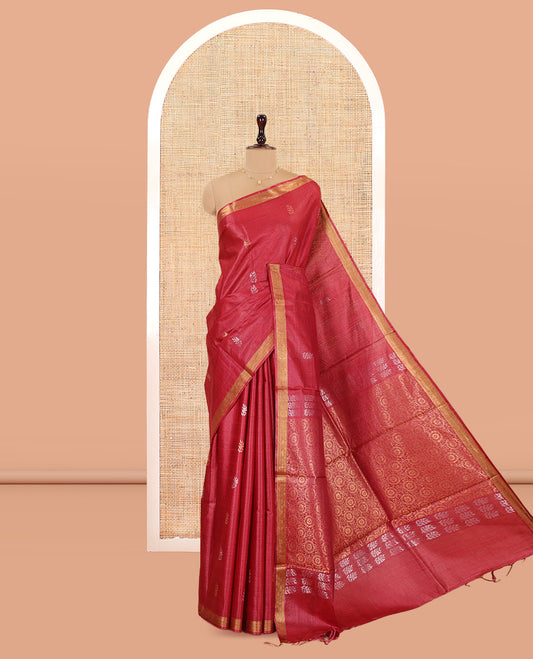 Red Tussar Saree, Impeccably Styled with Buttas, Highlighted by a Zari Border, Chakram Motifs Pallu, and a Matching Blouse