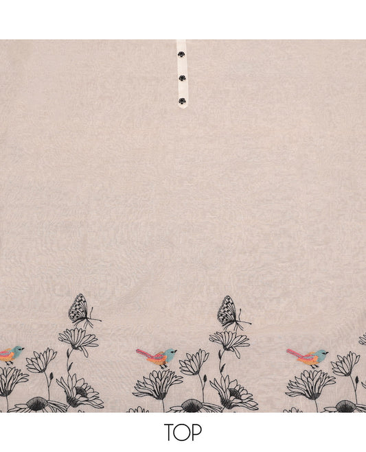 Cream Chanderi Cotton Material Churidar Set, Masterfully Woven with Floral and Bird Embroidery Top, Matching Rayon Bottom, and Floral-Bird Embroidery Dupatta