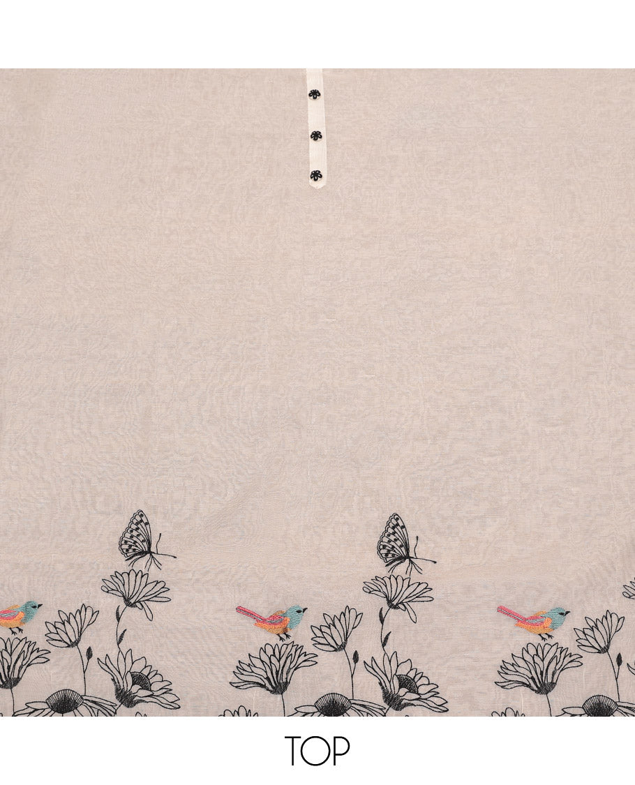 Cream Chanderi Cotton Material Churidar Set, Masterfully Woven with Floral and Bird Embroidery Top, Matching Rayon Bottom, and Floral-Bird Embroidery Dupatta