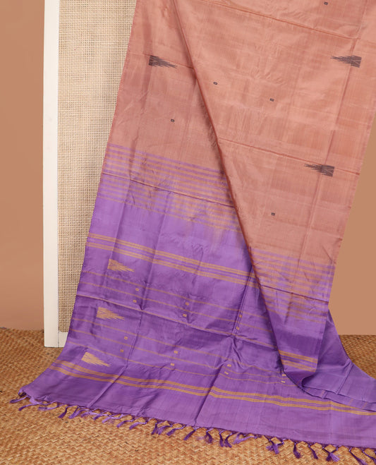 Borderless Peach Banana Pith Saree, Artfully Woven with Temple Buttas All Over Its Body, Complemented by a Contrast Pallu of Stripes and Temple Buttas, and Paired with a Contrast Blouse