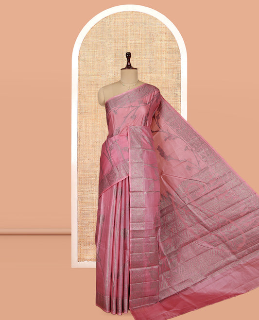Pale Pink Tusser Silk Saree, Prettified with Floral Design, a Zari Border, Floral Pallu, and a Matching Blouse