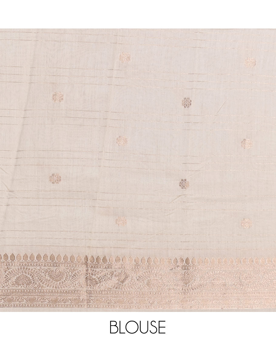 White Assam Silk Saree, Enthralled with Zari Buttas and Stripes, Highlighted by a Zari Traditional Woven Border, Zari-Striped Pallu, and a Matching Blouse