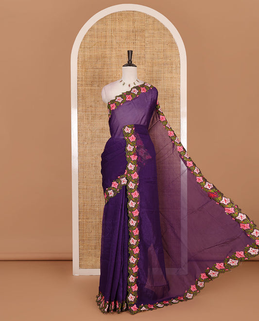 Violet full-plain crunchy crushed saree, scallop floral creeper thread embroidered border, and floral embroidered matching blouse