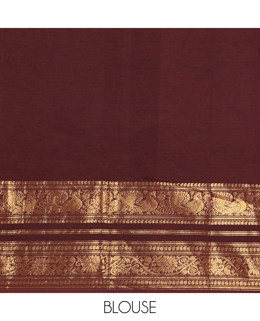 Maroon Plain Chettinad Cotton Saree, Highlighted by Self-Border of Traditional Zari Designs, Subtly Striped Pallu, and Paired with a Matching Blouse
