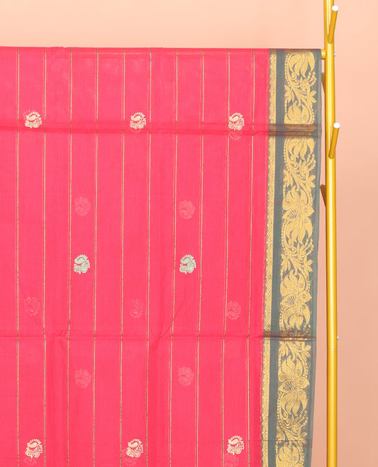 Pink Venkatagiri Cotton Saree, Embellished with Peacock Buttas and Stripes, a Contrast Floral Creeper  Zari Border, Pallu of Buttas and Stripes, and No Blouse