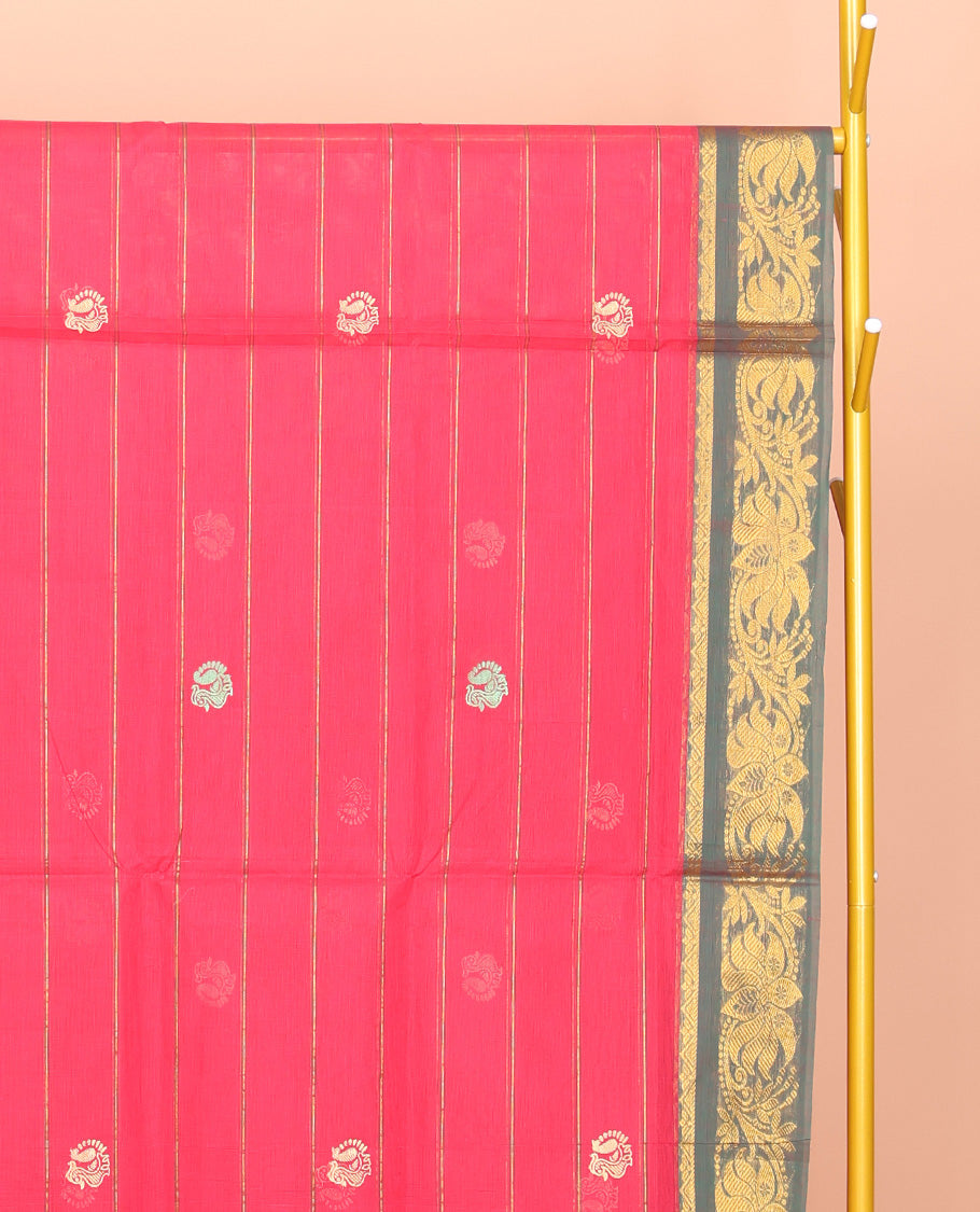 Pink Venkatagiri Cotton Saree, Embellished with Peacock Buttas and Stripes, a Contrast Floral Creeper  Zari Border, Pallu of Buttas and Stripes, and No Blouse