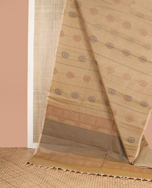 Borderless Light brown floral design coimbatore cotton saree