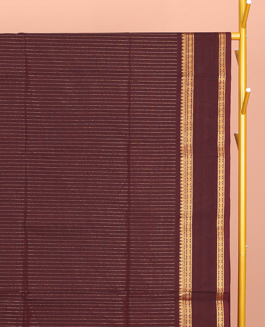 Brown Chettinad Cotton Saree, Beautified with Stripes, Highlighted by Rettai Pettu Traditional Border, Zari Striped Pallu, and a Matching Blouse