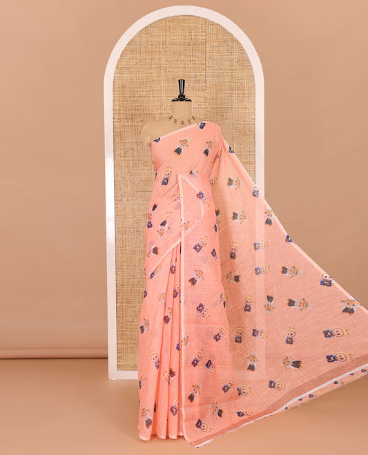 Borderless peach labubu toy motifs printed linen cotton saree with a matching labubu toy s printed blouse