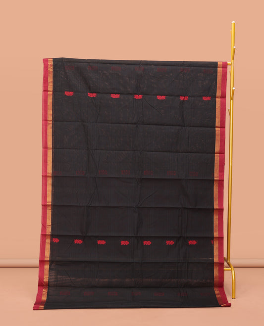 Black Kanchi Cotton Saree, Bedecked with Red Thread Buttas, Contrast Border, Pallu of Paisleys, and a Matching Blouse