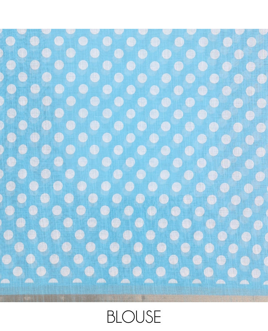 White-Blue Linen Cotton Saree, Steeped with Polka Dot Enclosed Crane Motifs on Its Body, Subtle Piping Border, Pallu Pictures Polka Dot Enclosed Crane Motifs, and Paired with a Matching Blouse