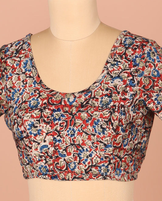 Multi-Color Readymade Blouse Subtly Printed with Floral Vine Design, Featuring Front Round Neck, Back Round Neck, and Elbow Sleeves