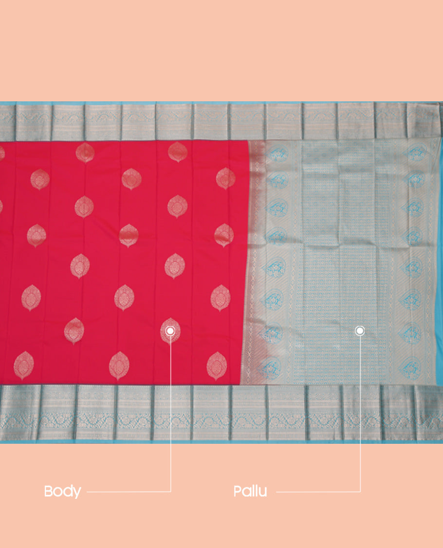 Red Budget Silk Saree, Woven with Zari Designs, Complemented by a Contrast Traditional Zari Border, Jaal Pallu, and a Contrast Blouse