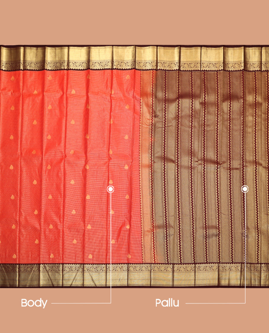 Red Budget Silk Saree, Mesmerized with Zari Buttas and Checks, Complemented by Contrast Traditional Zari Border, Geometric Pallu, and a Contrast Blouse