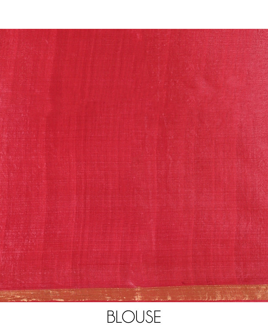 Red Tussar Saree, Impeccably Styled with Buttas, Highlighted by a Zari Border, Chakram Motifs Pallu, and a Matching Blouse