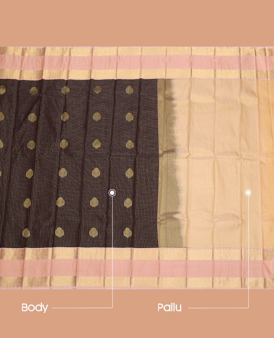 Brown Budget Silk Saree, Bedecked with Zari Buttas and Checks, Complemented by a Contrast Traditional Zari Rettai Pettu Border, Grand Pallu, and Contrast Blouse