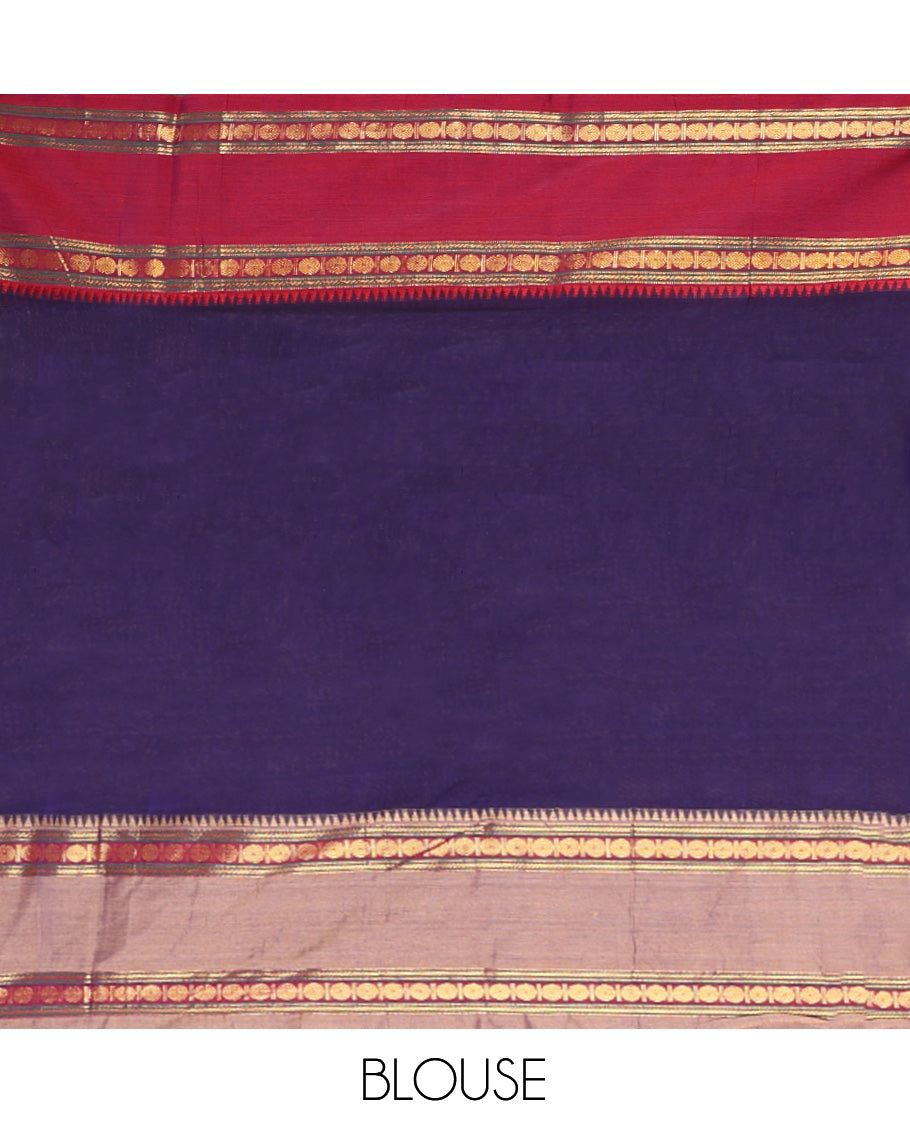 Violet Plain Mercerised Cotton Saree, Contrast Ganga-Jamuna Temple Rudraksha Border, Striped Pallu, and a Matching Blouse