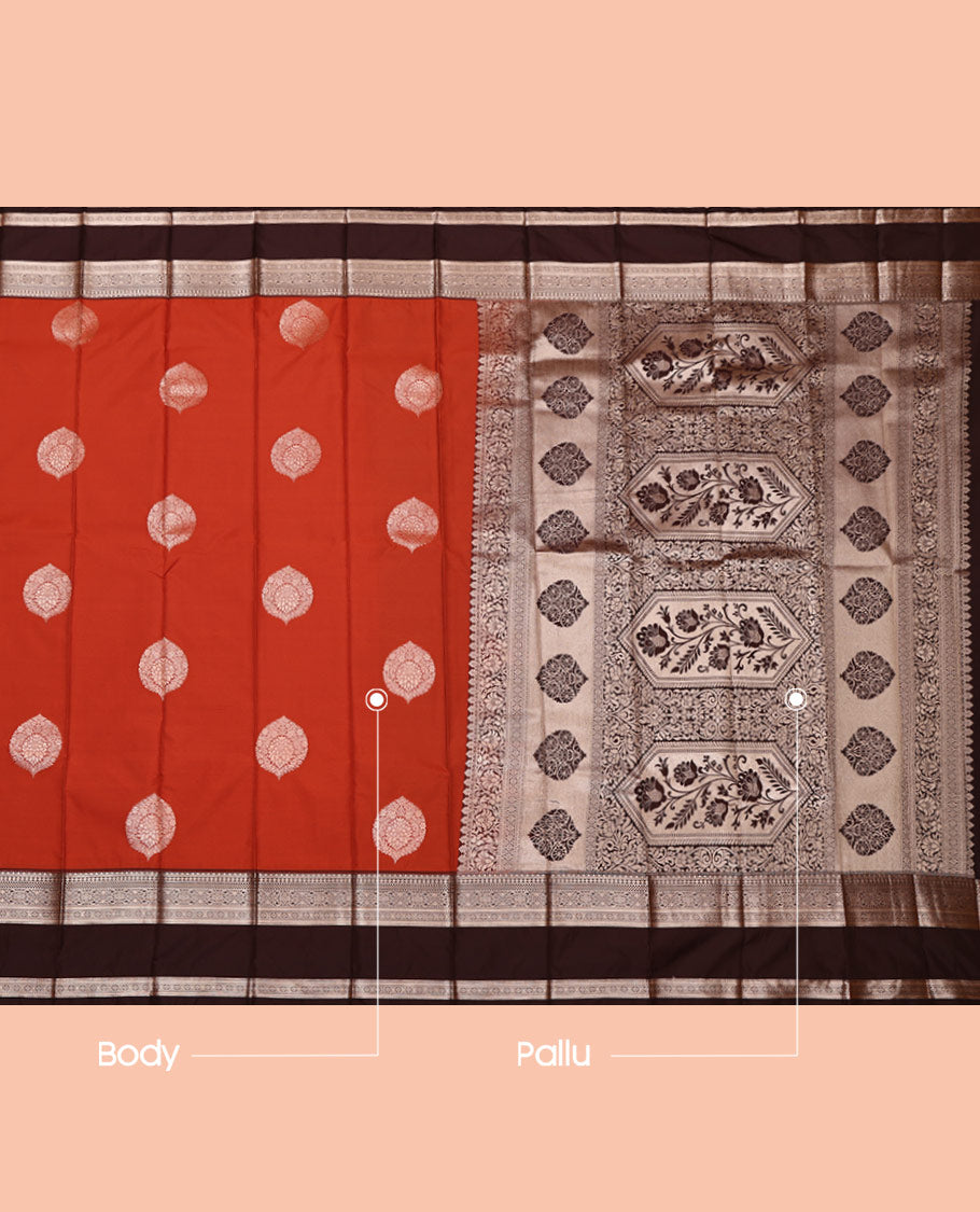 Rust Budget Silk Saree, Embellished with Zari Buttas All Over Its Body, Complemented by a Contrast Traditional Zari Design Rettai Pettu Border, Intricately Designed Pallu, and Paired with a Contrast Blouse