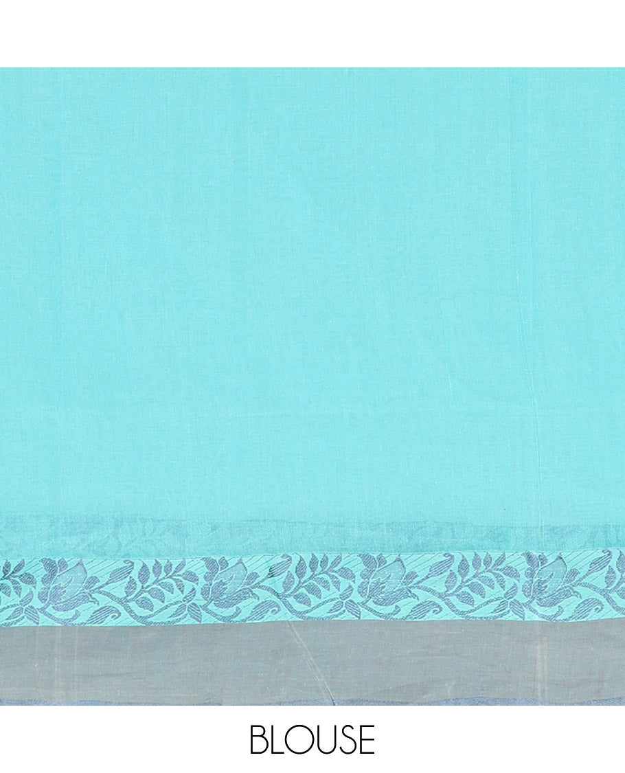 Turquoise Bengal Cotton Saree, Steeped with Buttas, a Contrast Floral Border, Pallu of Stripes and Buttas, and a Matching Blouse
