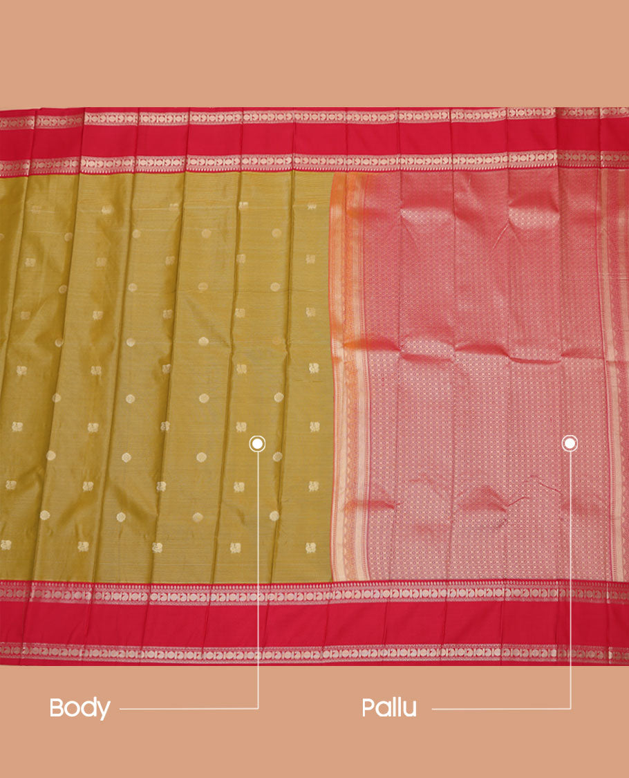Green Budget Silk Saree, Detailed with Zari Buttas and Stripes on Its Body, Complemented by a Contrast Traditional Zari Design Rettai Pettu Border, Grand Jaal Pallu, and Paired with a Contrast Blouse