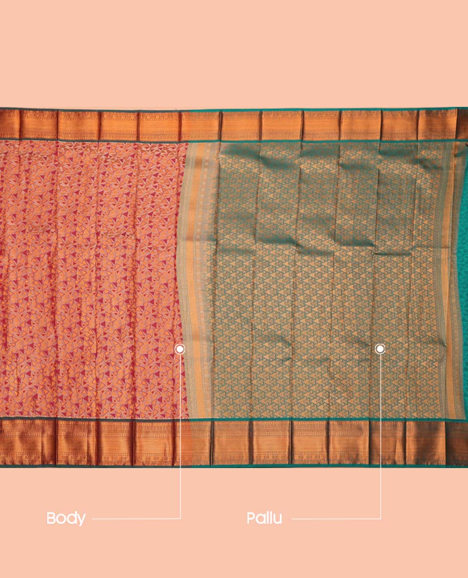 Peach Budget Silk Saree, Delicately Woven with Triangle Design, Complemented by a Contrast Traditional Zari Border, Intricately Designed Pallu, and a Contrast Blouse