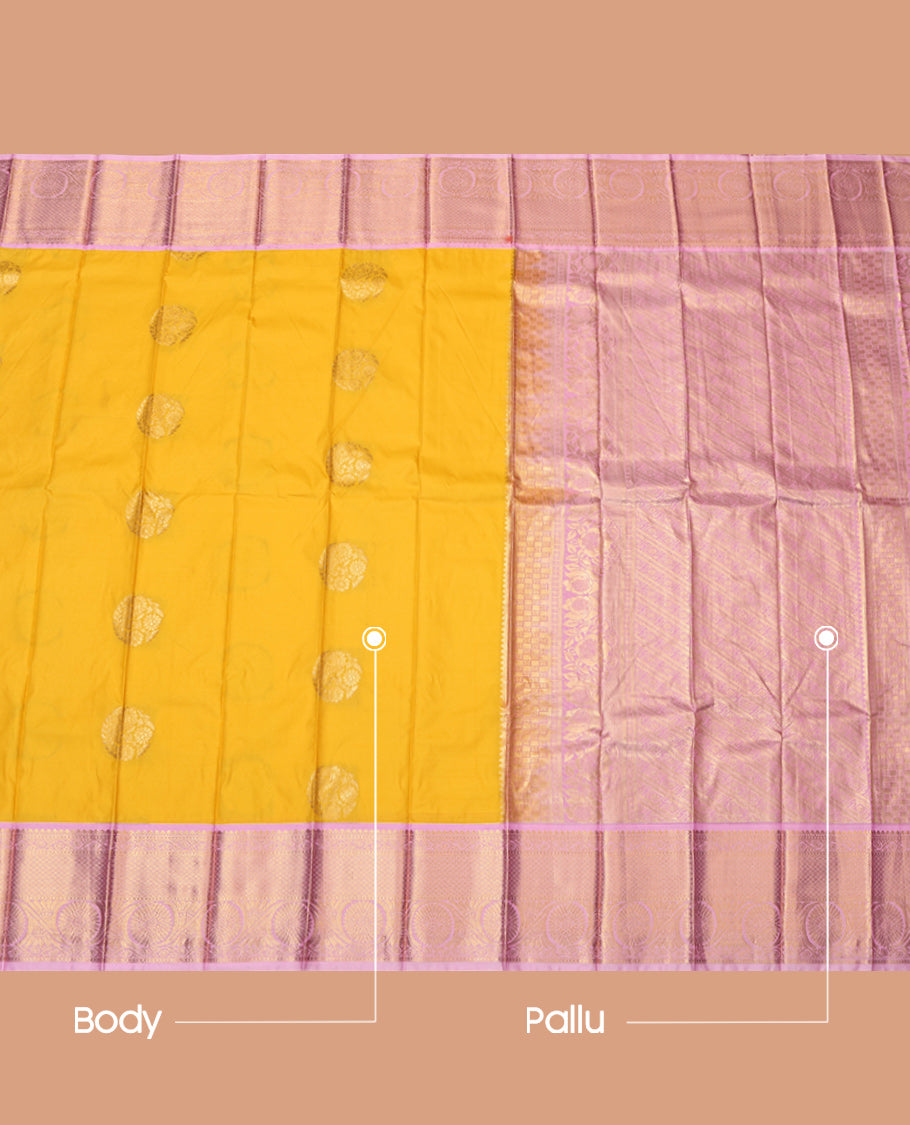Yellow Budget Silk Saree, Sparsely Sparked with Zari Buttas, Complemented by Contrast Traditional Zari Border, Grand Pallu and a Contrast Blouse