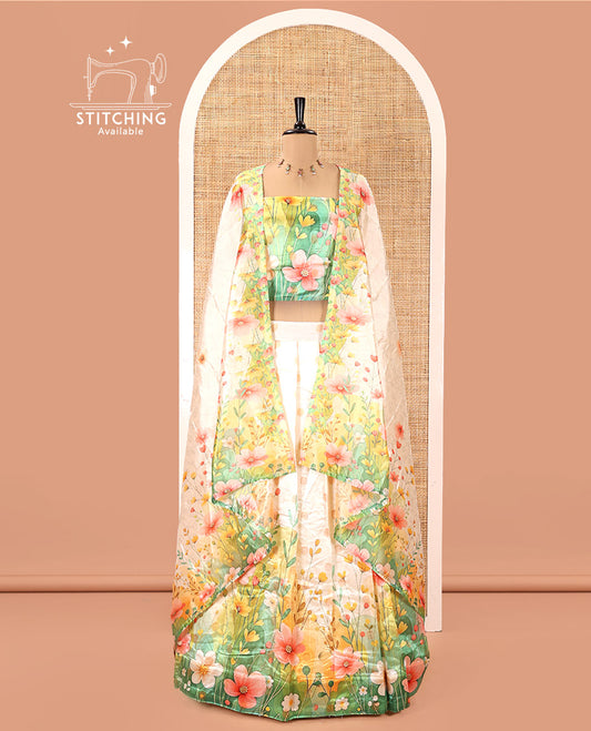 Cream-Parrot Green Semi-Silk Half-Saree, Elevated with Colorful Floral Printed Skirt, a Matching Blouse, and a Floral Printed Semi-Silk Dhavani