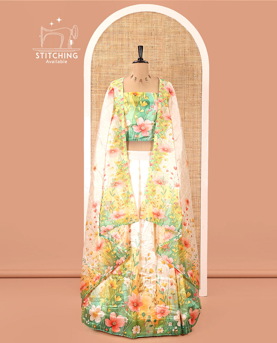 Cream-Parrot Green Semi-Silk Half-Saree, Elevated with Colorful Floral Printed Skirt, a Matching Blouse, and a Floral Printed Semi-Silk Dhavani