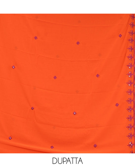 Rust-Purple Georgette Material Chudidar Set, Features Thread and Mirror Work Top, a Plain Santoon Bottom, and an Embroidered Georgette Dupatta